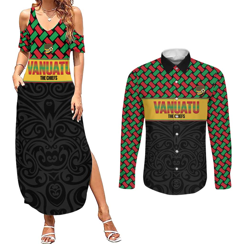 Vanuatu Football Custom Couples Matching Summer Maxi Dress and Long Sleeve Button Shirt Go Chiefs Basket-weave Pattern