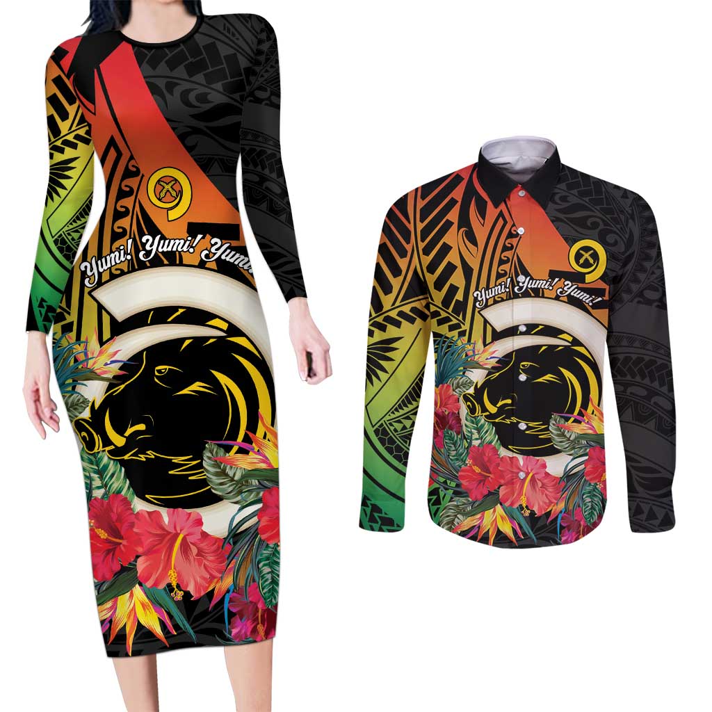 Vanuatu Boar Tusk Yumi Yumi Yumi Couples Matching Long Sleeve Bodycon Dress and Long Sleeve Button Shirt Independens Dei Long God Yumi Stanap