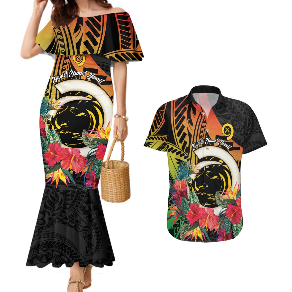Vanuatu Boar Tusk Yumi Yumi Yumi Couples Matching Mermaid Dress and Hawaiian Shirt Independens Dei Long God Yumi Stanap