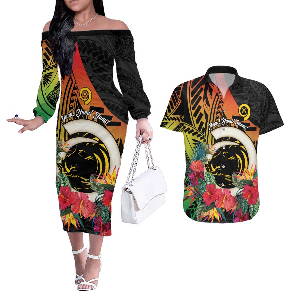 Vanuatu Boar Tusk Yumi Yumi Yumi Couples Matching Off The Shoulder Long Sleeve Dress and Hawaiian Shirt Independens Dei Long God Yumi Stanap