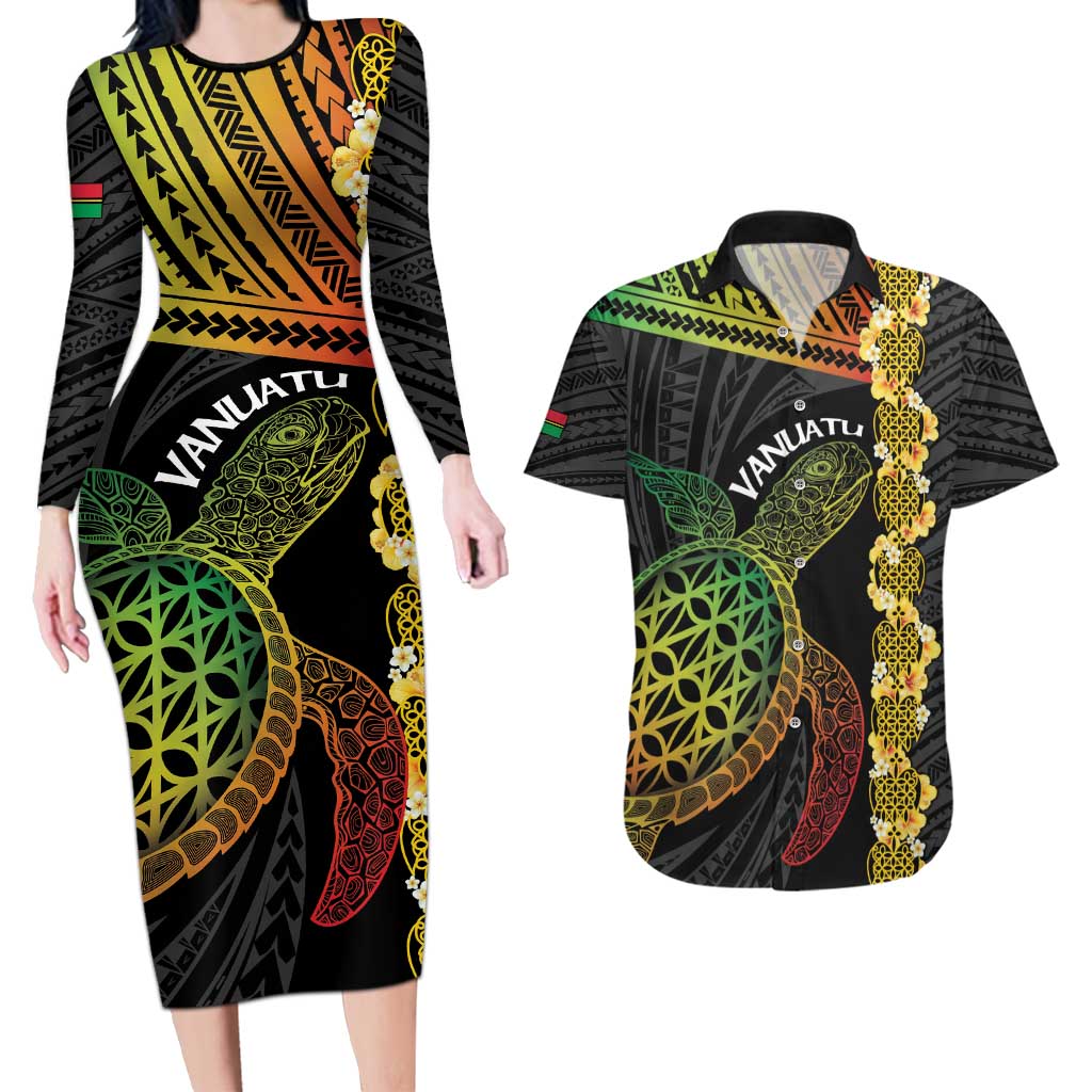 Vanuatu Sand Drawing Turtle Couples Matching Long Sleeve Bodycon Dress and Hawaiian Shirt Happy Independence Day