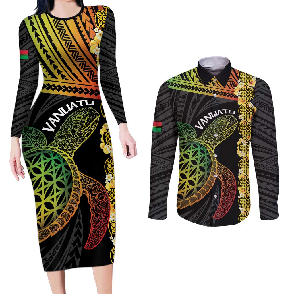 Vanuatu Sand Drawing Turtle Couples Matching Long Sleeve Bodycon Dress and Long Sleeve Button Shirt Happy Independence Day