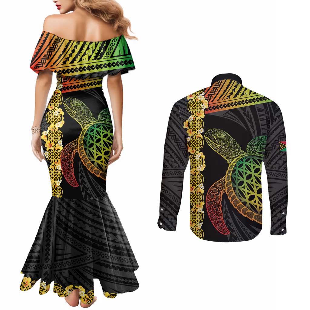 Vanuatu Sand Drawing Turtle Couples Matching Mermaid Dress and Long Sleeve Button Shirt Happy Independence Day