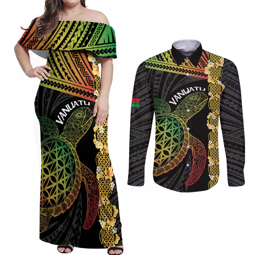 Vanuatu Sand Drawing Turtle Couples Matching Off Shoulder Maxi Dress and Long Sleeve Button Shirt Happy Independence Day