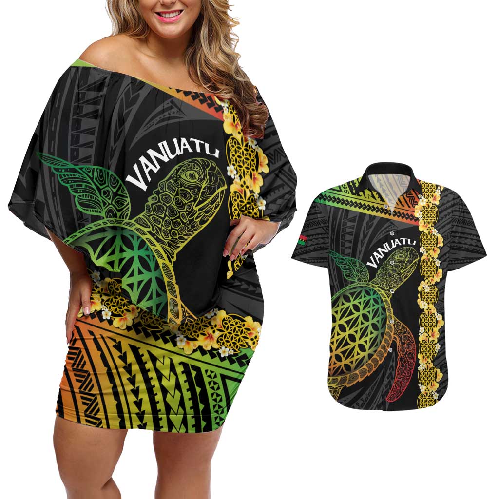Vanuatu Sand Drawing Turtle Couples Matching Off Shoulder Short Dress and Hawaiian Shirt Happy Independence Day