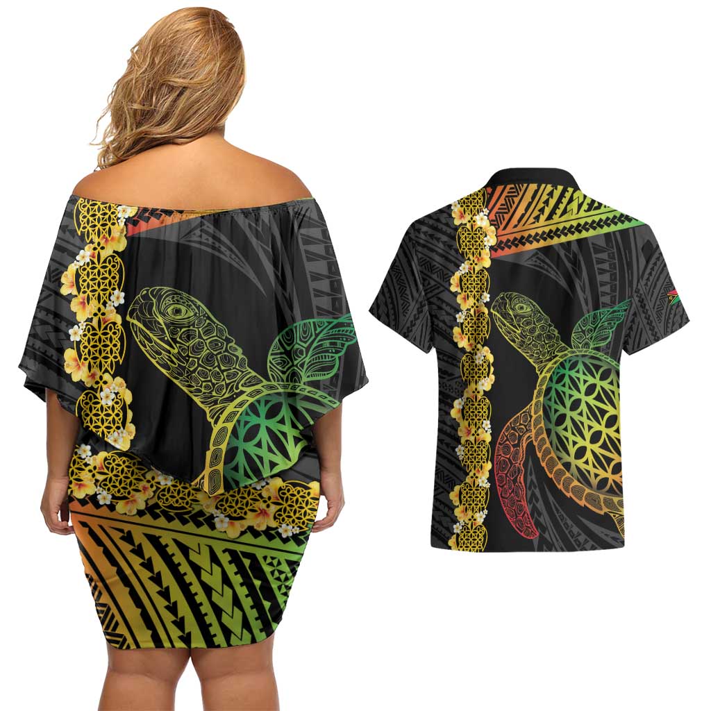 Vanuatu Sand Drawing Turtle Couples Matching Off Shoulder Short Dress and Hawaiian Shirt Happy Independence Day
