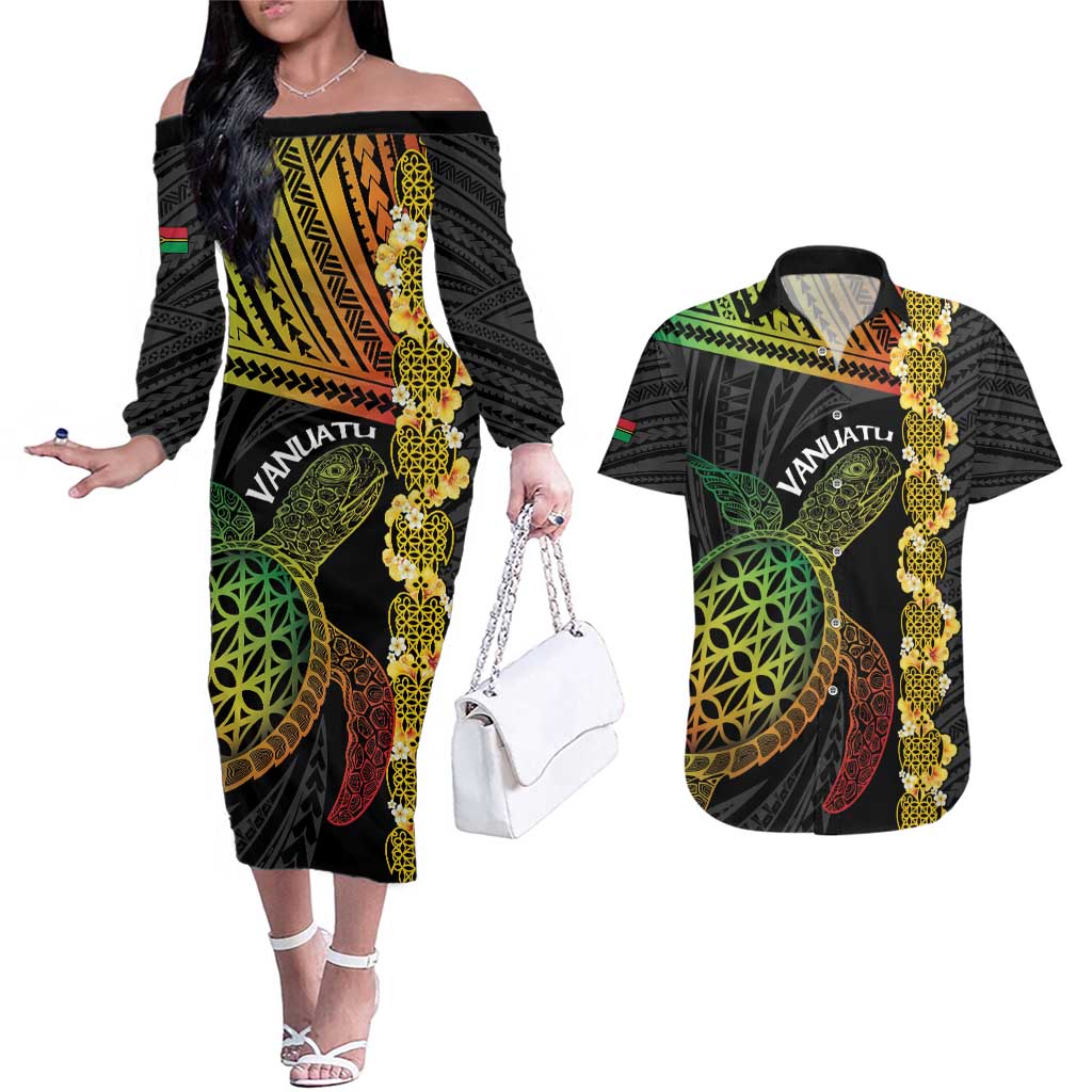 Vanuatu Sand Drawing Turtle Couples Matching Off The Shoulder Long Sleeve Dress and Hawaiian Shirt Happy Independence Day