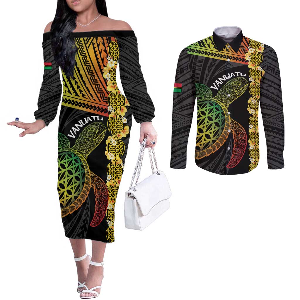 Vanuatu Sand Drawing Turtle Couples Matching Off The Shoulder Long Sleeve Dress and Long Sleeve Button Shirt Happy Independence Day