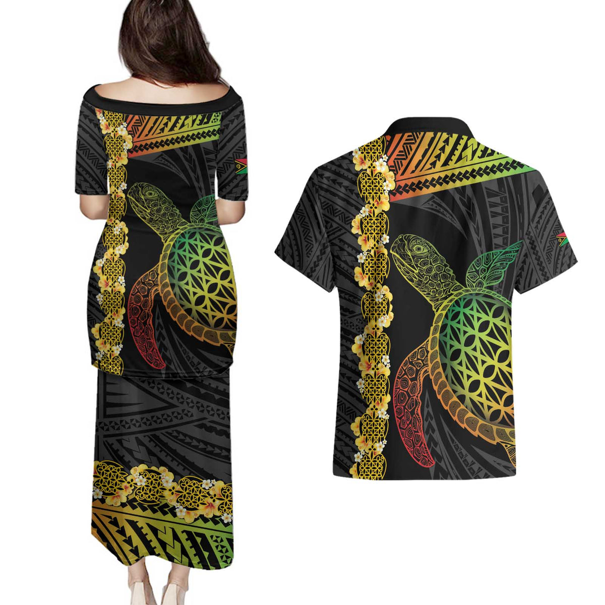 Vanuatu Sand Drawing Turtle Couples Matching Puletasi and Hawaiian Shirt Happy Independence Day