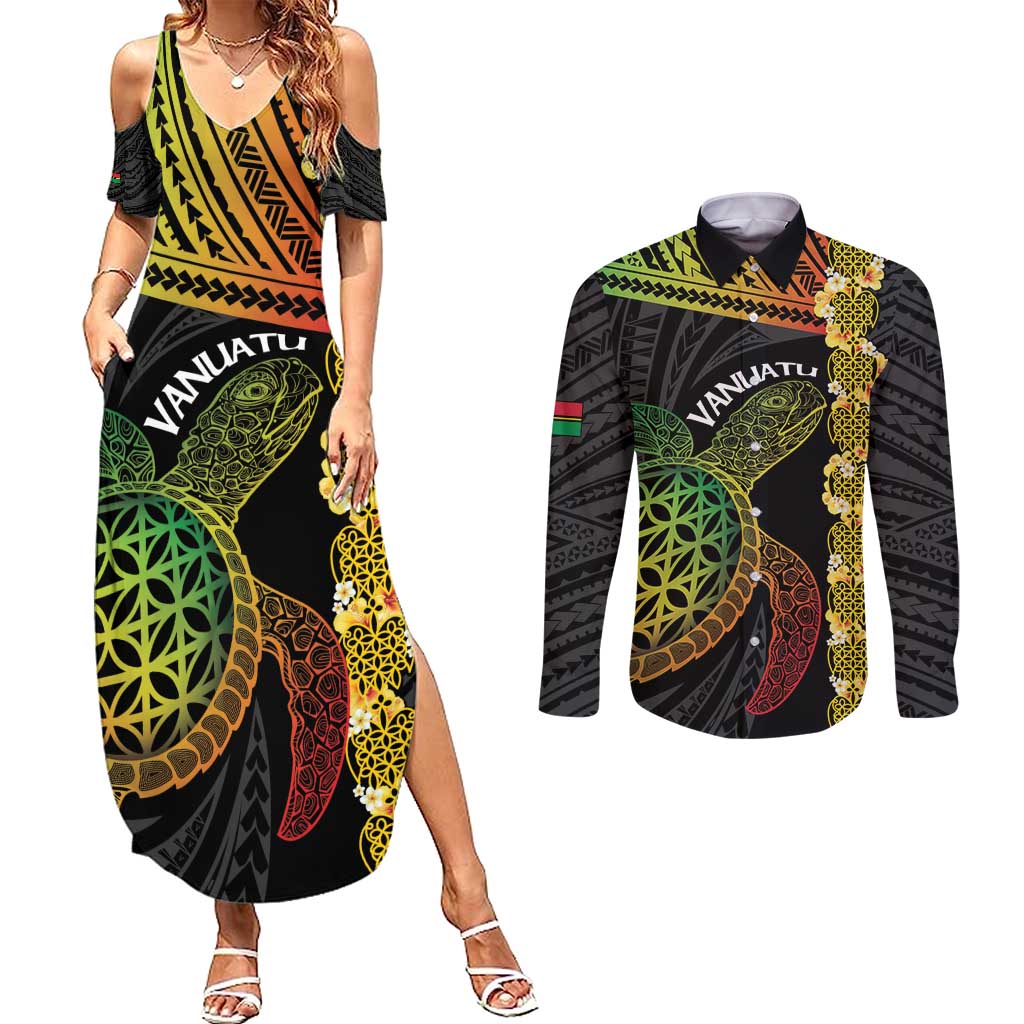 Vanuatu Sand Drawing Turtle Couples Matching Summer Maxi Dress and Long Sleeve Button Shirt Happy Independence Day