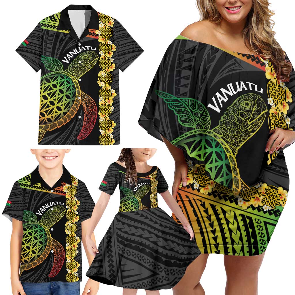 Vanuatu Sand Drawing Turtle Family Matching Off Shoulder Short Dress and Hawaiian Shirt Happy Independence Day