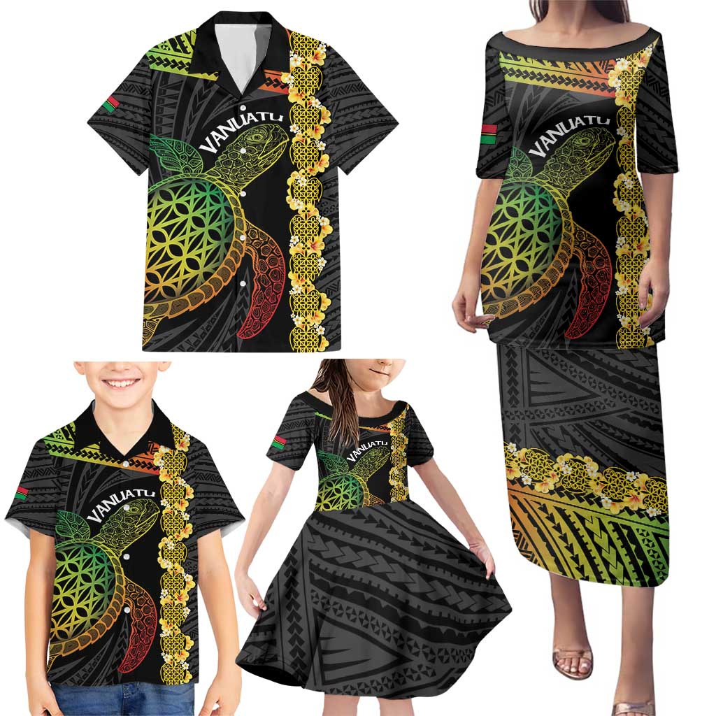 Vanuatu Sand Drawing Turtle Family Matching Puletasi and Hawaiian Shirt Happy Independence Day