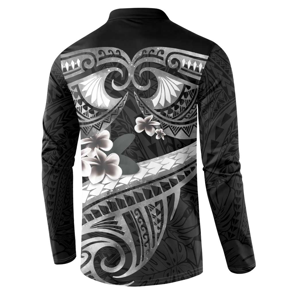 Black Polynesia Button Sweatshirt Tribal Pattern Tropical Frangipani LT14 - Polynesian Pride