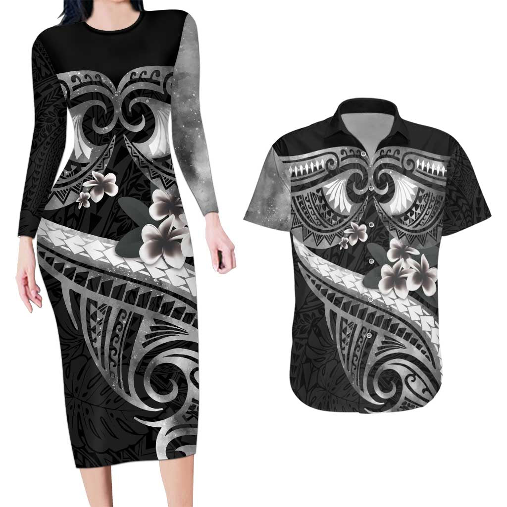Black Polynesia Couples Matching Long Sleeve Bodycon Dress and Hawaiian Shirt Tribal Pattern Tropical Frangipani LT14 Black - Polynesian Pride