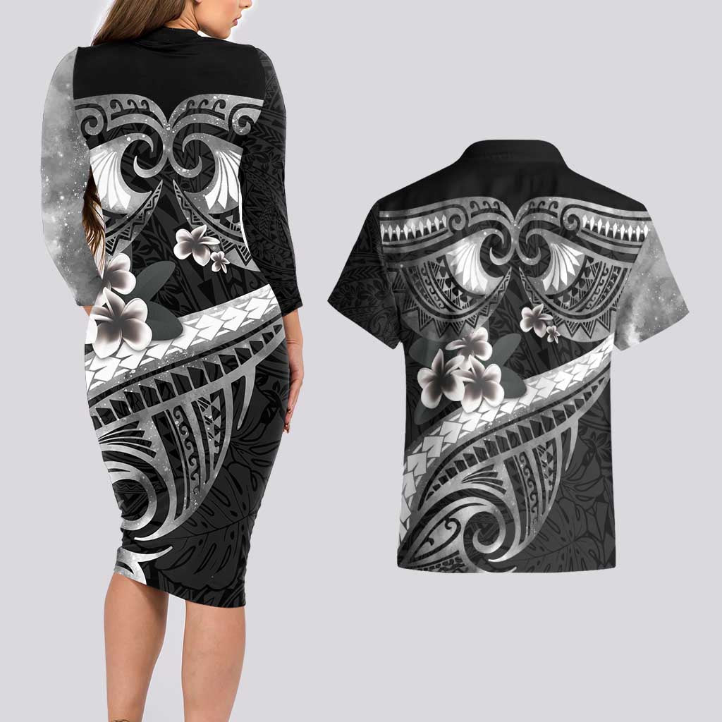 Black Polynesia Couples Matching Long Sleeve Bodycon Dress and Hawaiian Shirt Tribal Pattern Tropical Frangipani LT14 - Polynesian Pride
