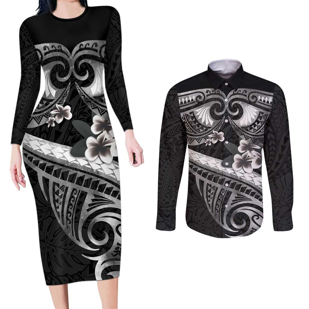 Black Polynesia Couples Matching Long Sleeve Bodycon Dress and Long Sleeve Button Shirt Tribal Pattern Tropical Frangipani LT14 Black - Polynesian Pride