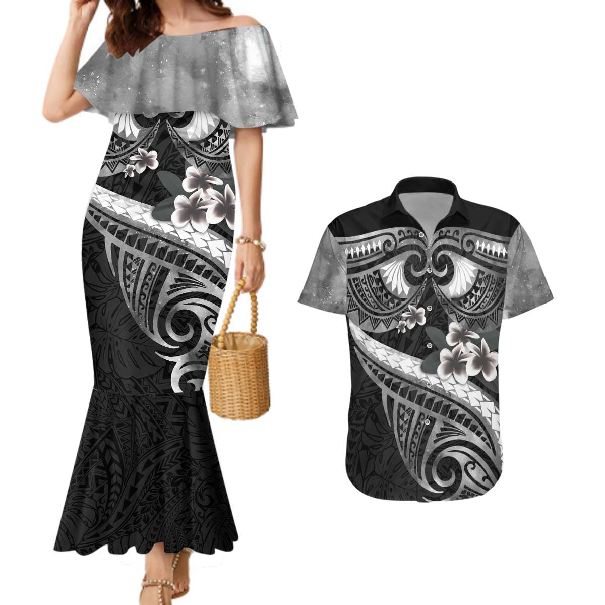 Black Polynesia Couples Matching Mermaid Dress and Hawaiian Shirt Tribal Pattern Tropical Frangipani LT14 Black - Polynesian Pride