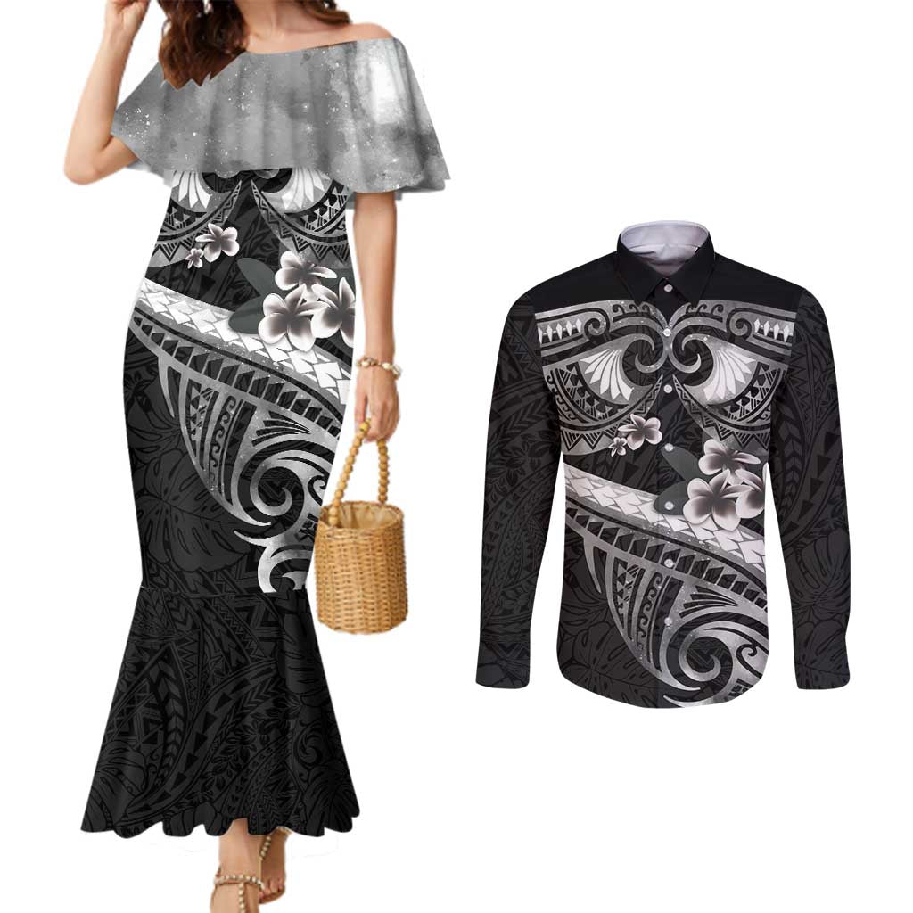 Black Polynesia Couples Matching Mermaid Dress and Long Sleeve Button Shirt Tribal Pattern Tropical Frangipani LT14 Black - Polynesian Pride