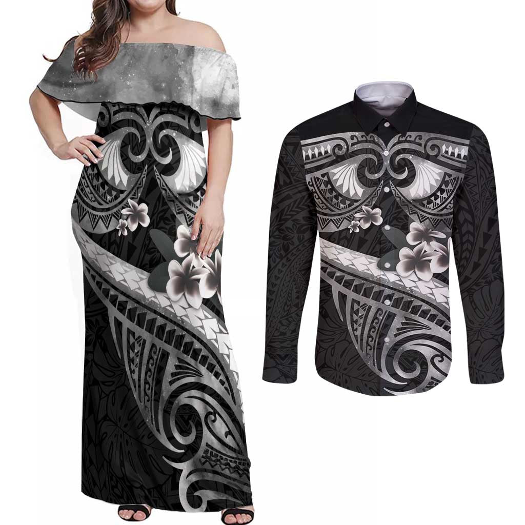 Black Polynesia Couples Matching Off Shoulder Maxi Dress and Long Sleeve Button Shirt Tribal Pattern Tropical Frangipani LT14 Black - Polynesian Pride