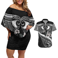 Black Polynesia Couples Matching Off Shoulder Short Dress and Hawaiian Shirt Tribal Pattern Tropical Frangipani
