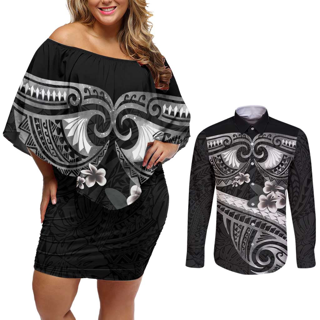Black Polynesia Couples Matching Off Shoulder Short Dress and Long Sleeve Button Shirt Tribal Pattern Tropical Frangipani LT14 Black - Polynesian Pride