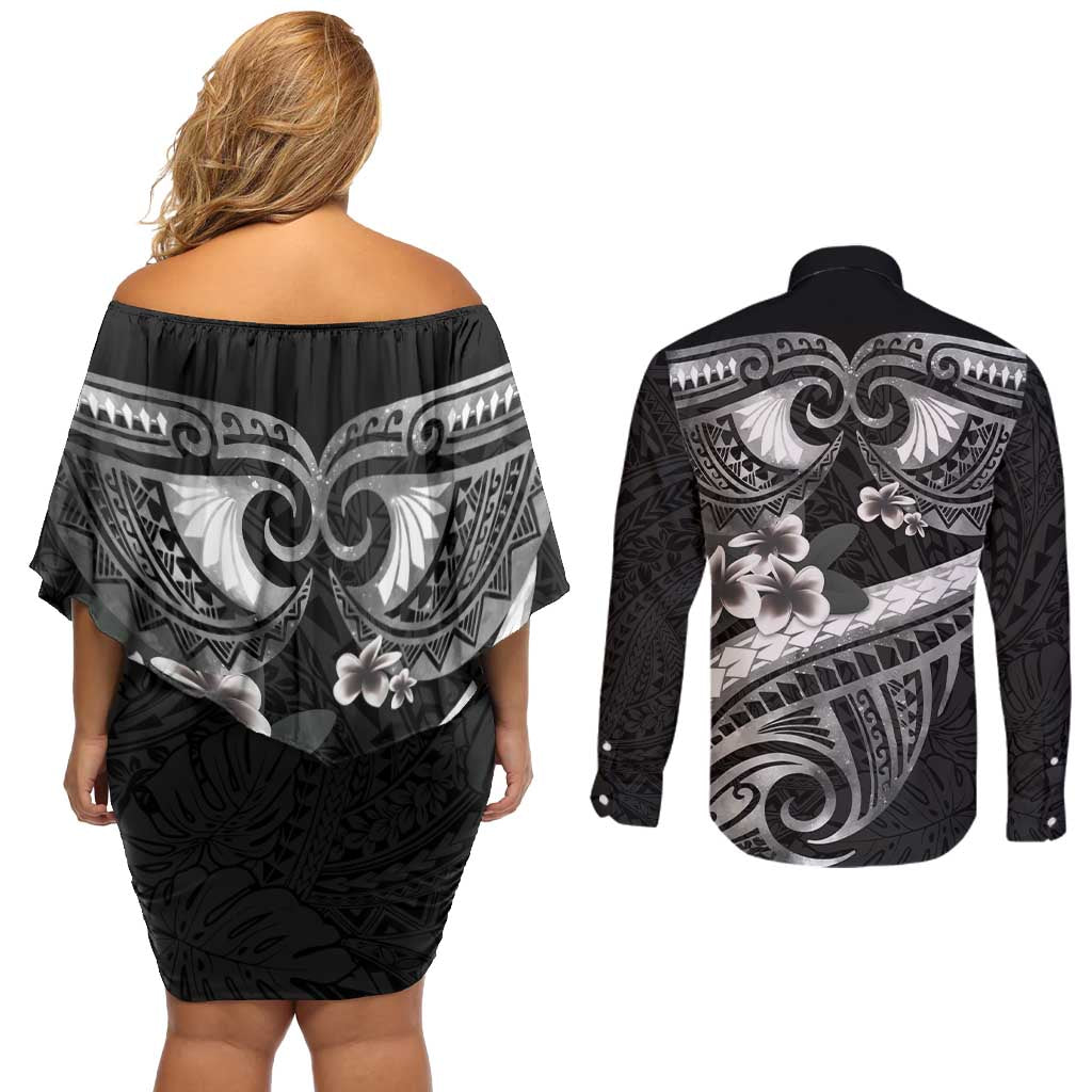 Black Polynesia Couples Matching Off Shoulder Short Dress and Long Sleeve Button Shirt Tribal Pattern Tropical Frangipani