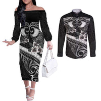 Black Polynesia Couples Matching Off The Shoulder Long Sleeve Dress and Long Sleeve Button Shirt Tribal Pattern Tropical Frangipani
