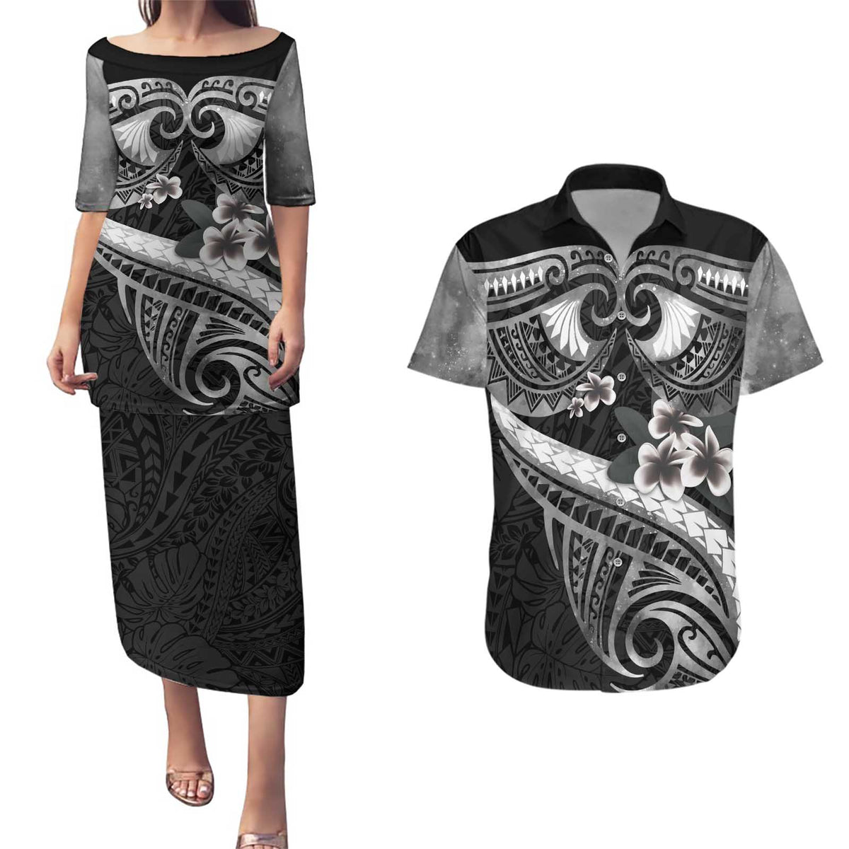 Black Polynesia Couples Matching Puletasi and Hawaiian Shirt Tribal Pattern Tropical Frangipani