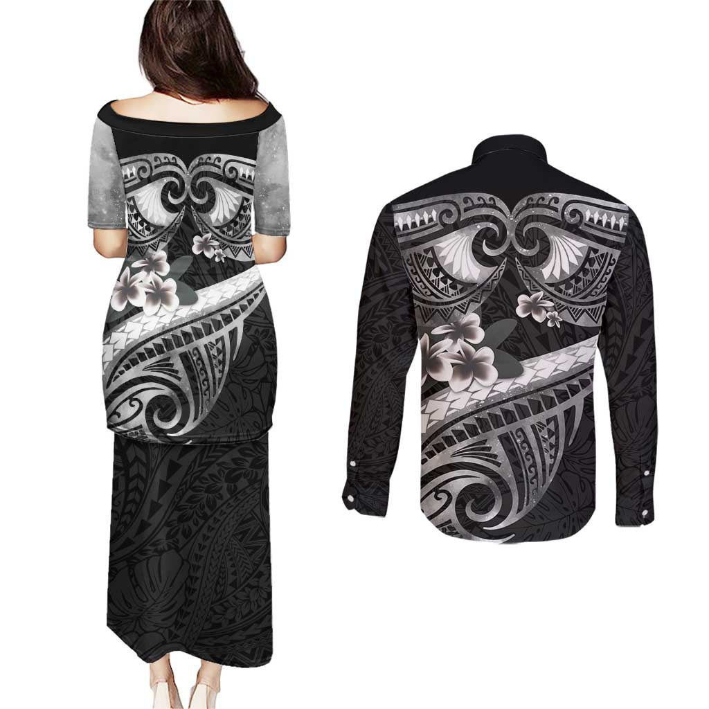 Black Polynesia Couples Matching Puletasi and Long Sleeve Button Shirt Tribal Pattern Tropical Frangipani
