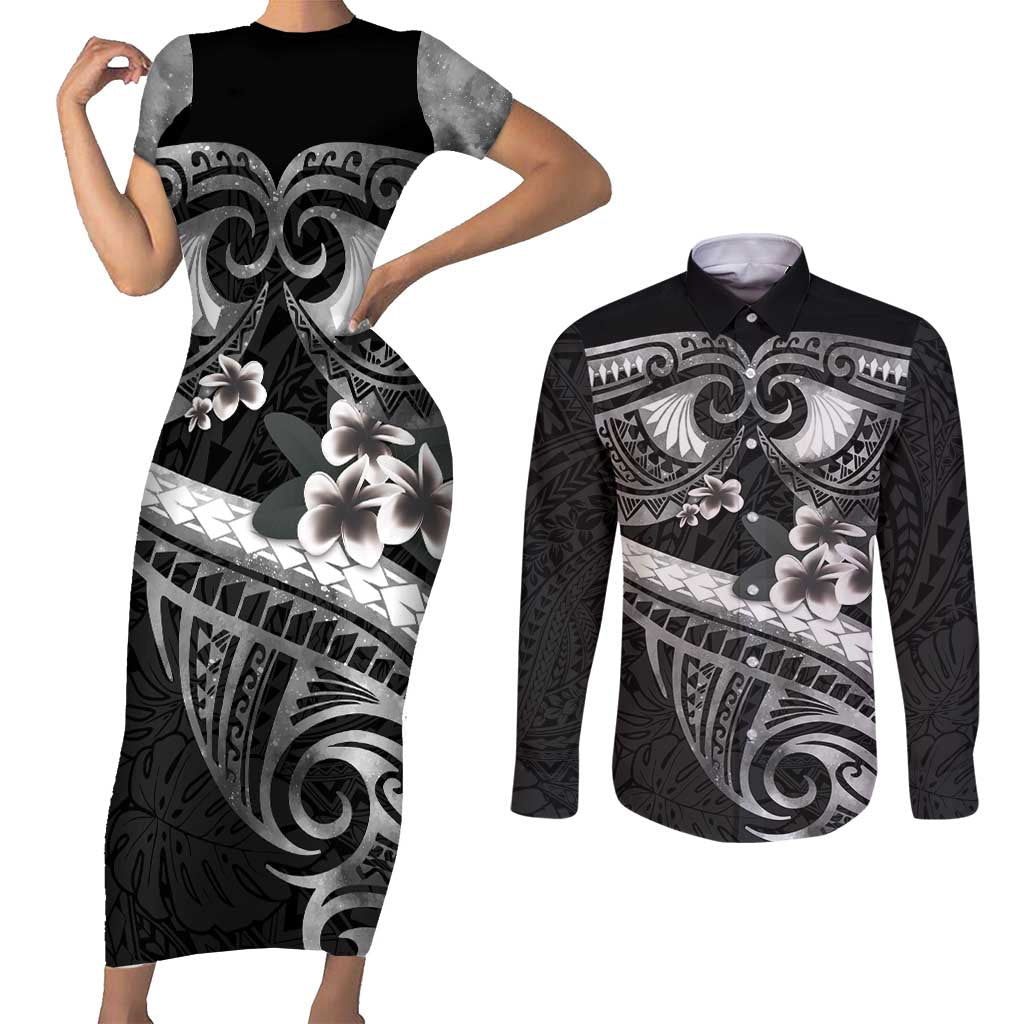 Black Polynesia Couples Matching Short Sleeve Bodycon Dress and Long Sleeve Button Shirt Tribal Pattern Tropical Frangipani LT14 Black - Polynesian Pride