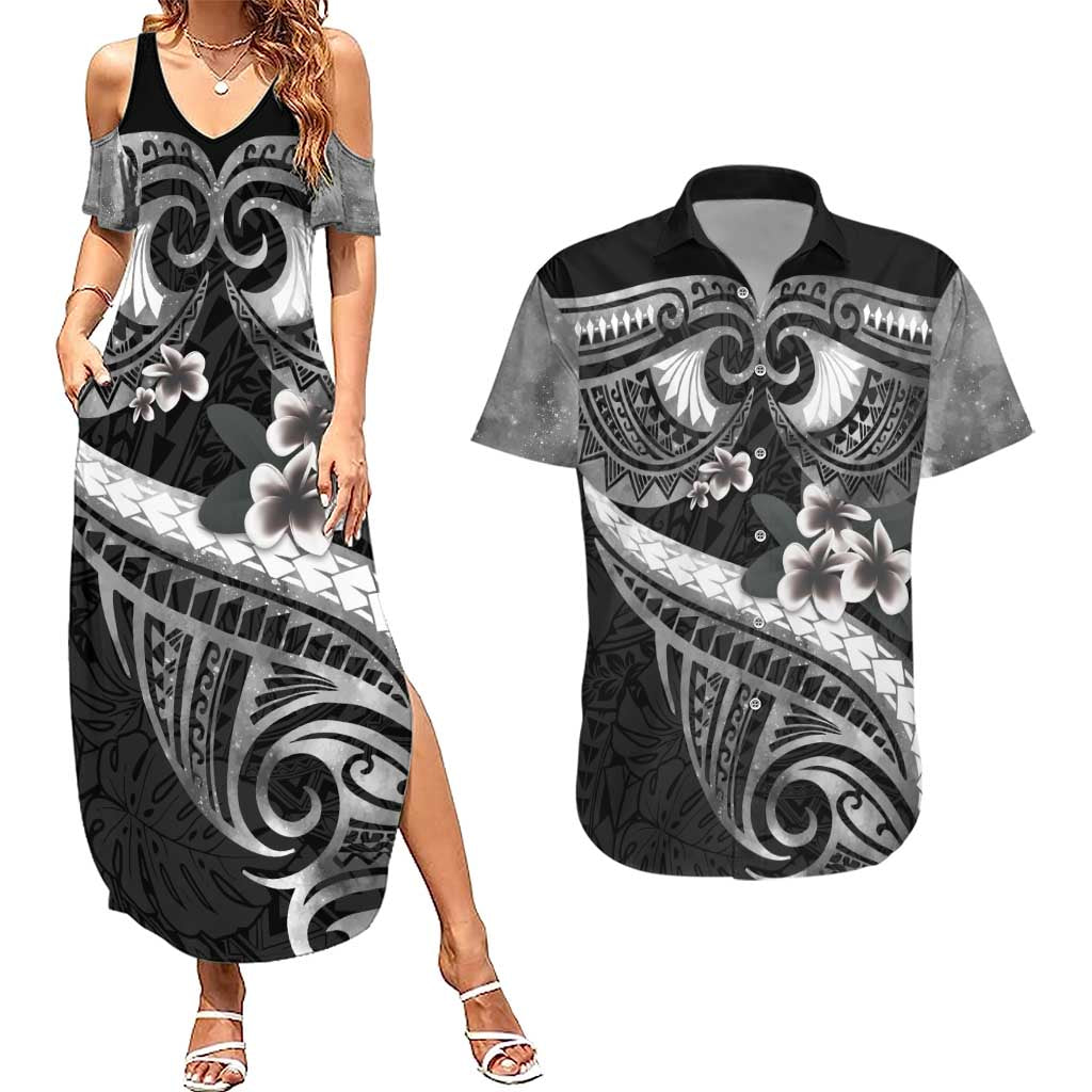 Black Polynesia Couples Matching Summer Maxi Dress and Hawaiian Shirt Tribal Pattern Tropical Frangipani LT14 Black - Polynesian Pride