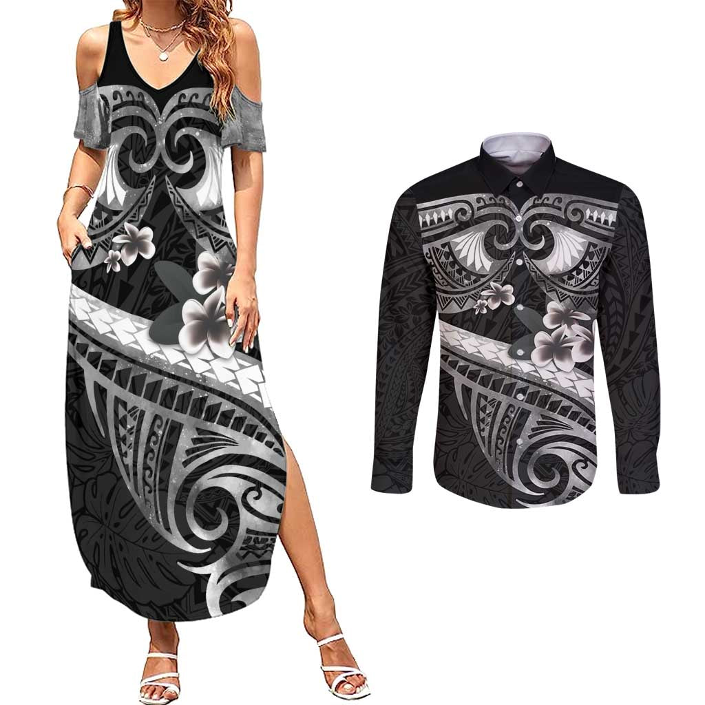 Black Polynesia Couples Matching Summer Maxi Dress and Long Sleeve Button Shirt Tribal Pattern Tropical Frangipani LT14 Black - Polynesian Pride