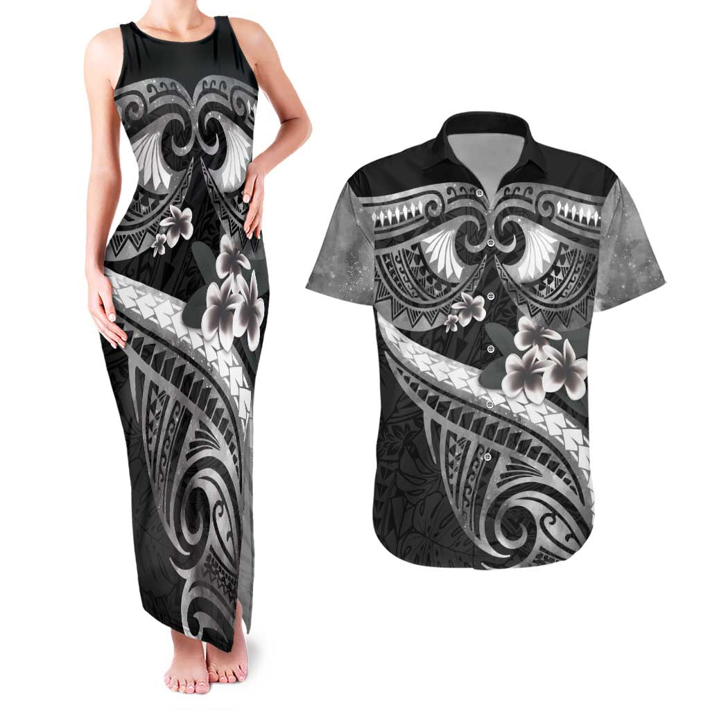 Black Polynesia Couples Matching Tank Maxi Dress and Hawaiian Shirt Tribal Pattern Tropical Frangipani LT14 Black - Polynesian Pride