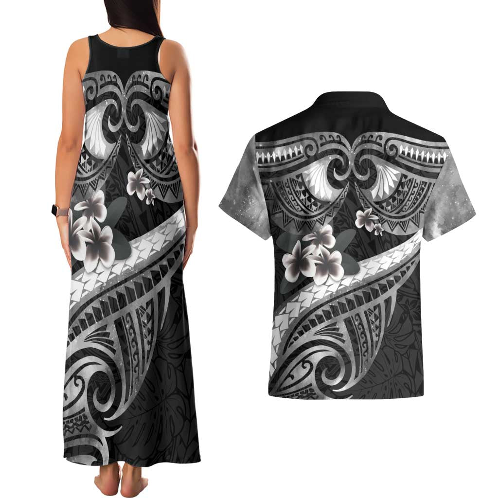 Black Polynesia Couples Matching Tank Maxi Dress and Hawaiian Shirt Tribal Pattern Tropical Frangipani