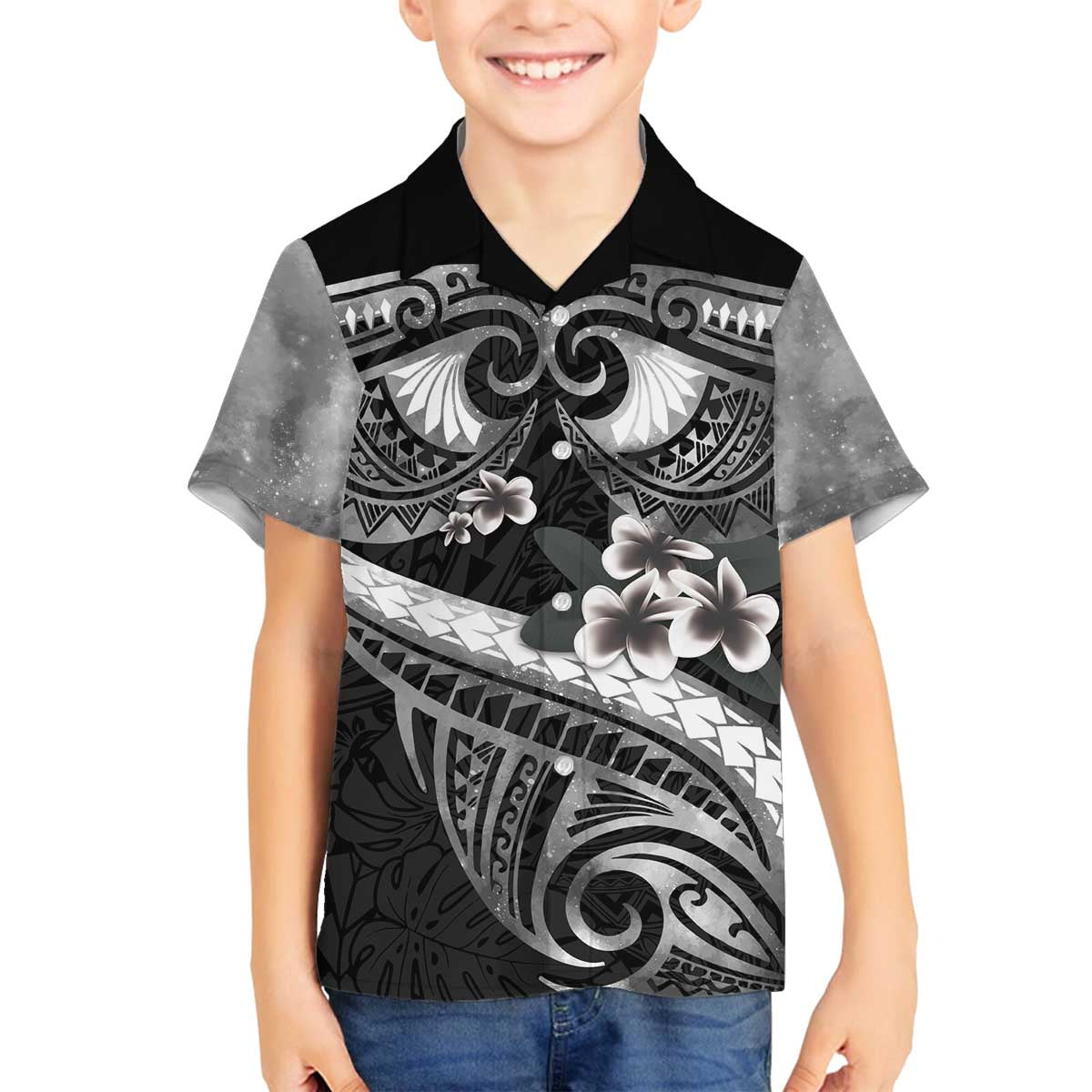 Black Polynesia Family Matching Off The Shoulder Long Sleeve Dress and Hawaiian Shirt Tribal Pattern Tropical Frangipani LT14 Son's Shirt Black - Polynesian Pride
