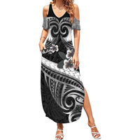 Black Polynesia Family Matching Summer Maxi Dress and Hawaiian Shirt Tribal Pattern Tropical Frangipani LT14 Mom's Dress Black - Polynesian Pride