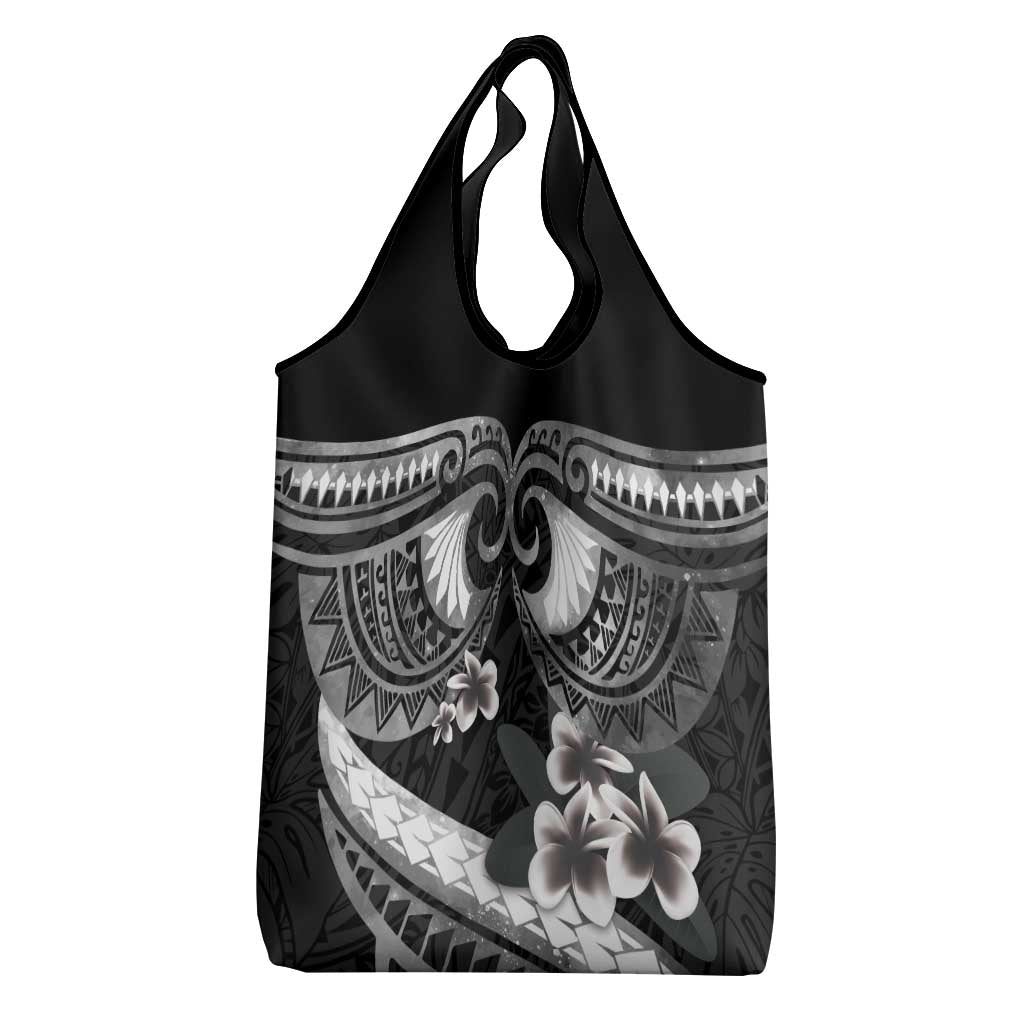 Black Polynesia Grocery Bag Tribal Pattern Tropical Frangipani