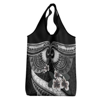 Black Polynesia Grocery Bag Tribal Pattern Tropical Frangipani