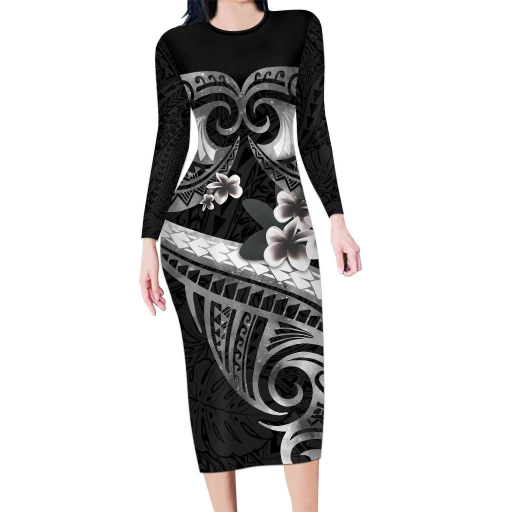 Black Polynesia Long Sleeve Bodycon Dress Tribal Pattern Tropical Frangipani LT14 Long Dress Black - Polynesian Pride