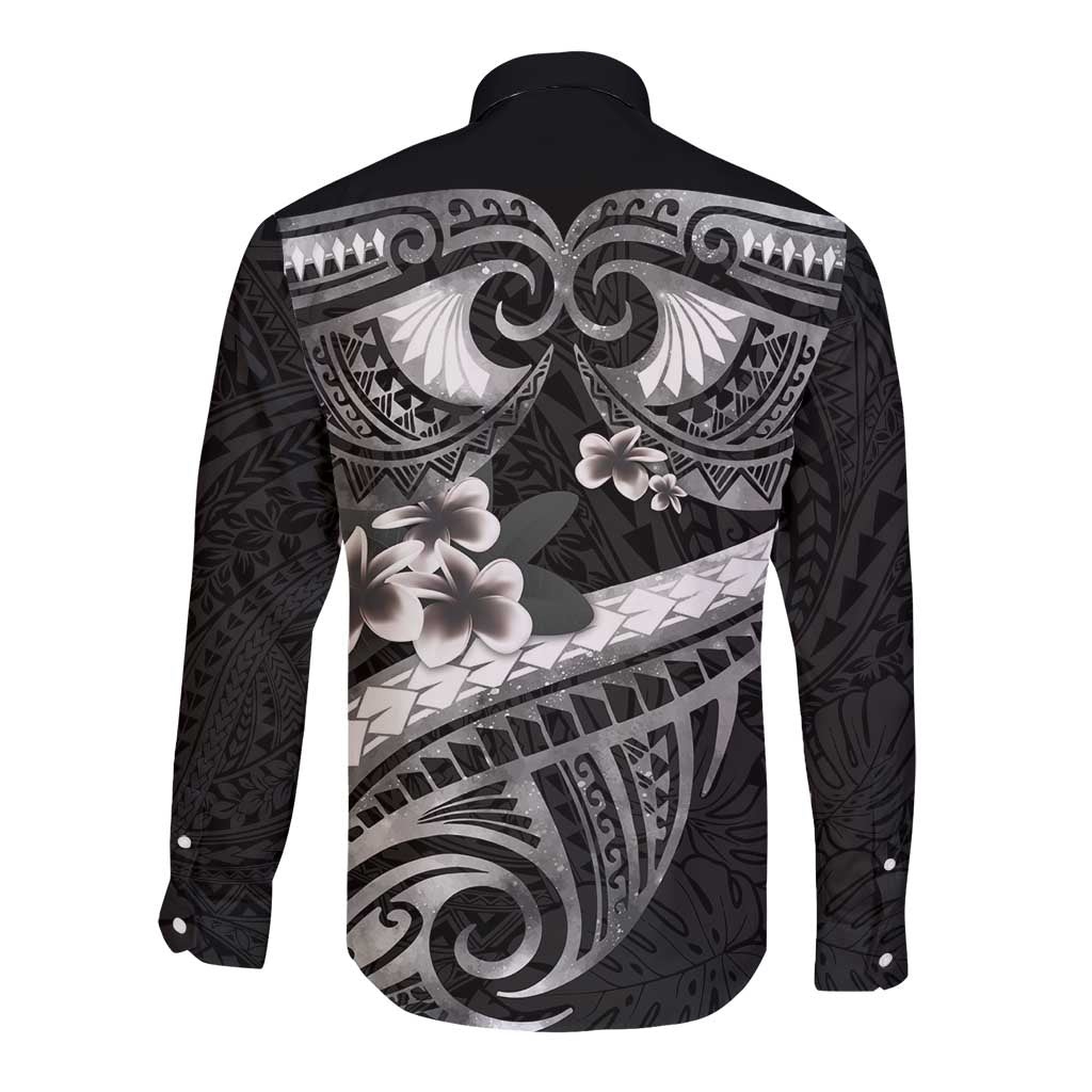 Black Polynesia Long Sleeve Button Shirt Tribal Pattern Tropical Frangipani LT14 - Polynesian Pride