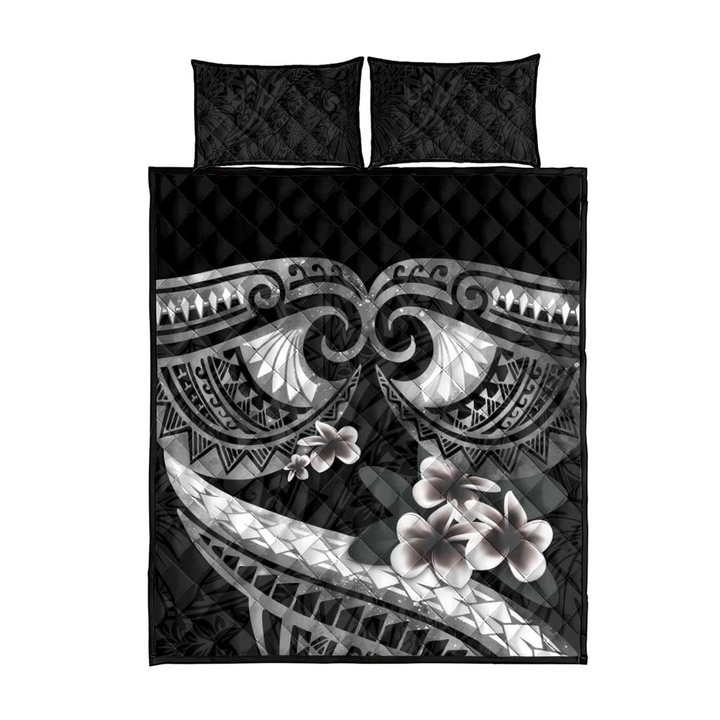 Black Polynesia Quilt Bed Set Tribal Pattern Tropical Frangipani