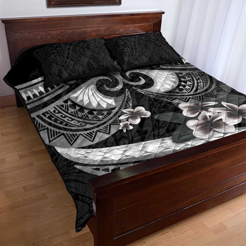 Black Polynesia Quilt Bed Set Tribal Pattern Tropical Frangipani