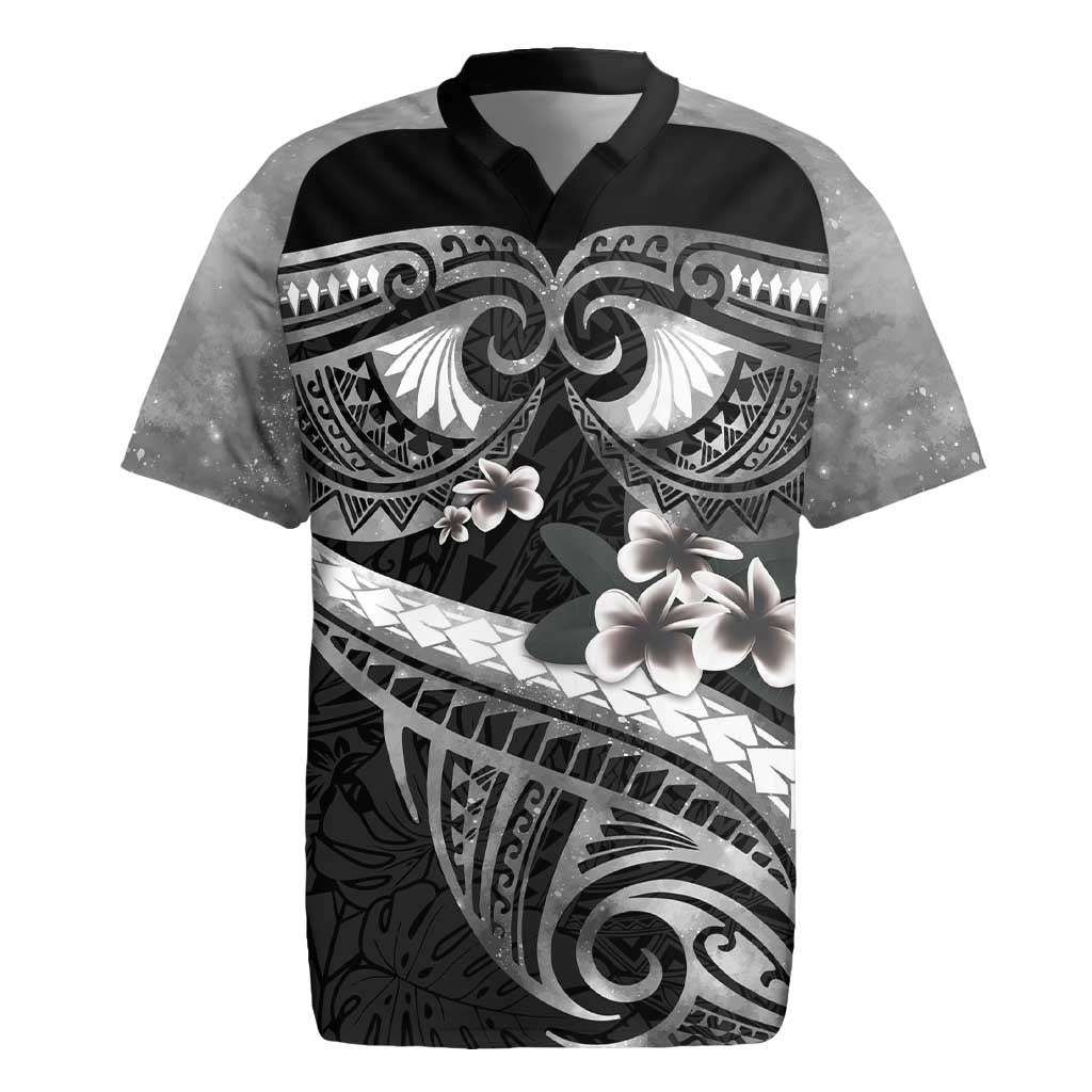 Black Polynesia Rugby Jersey Tribal Pattern Tropical Frangipani