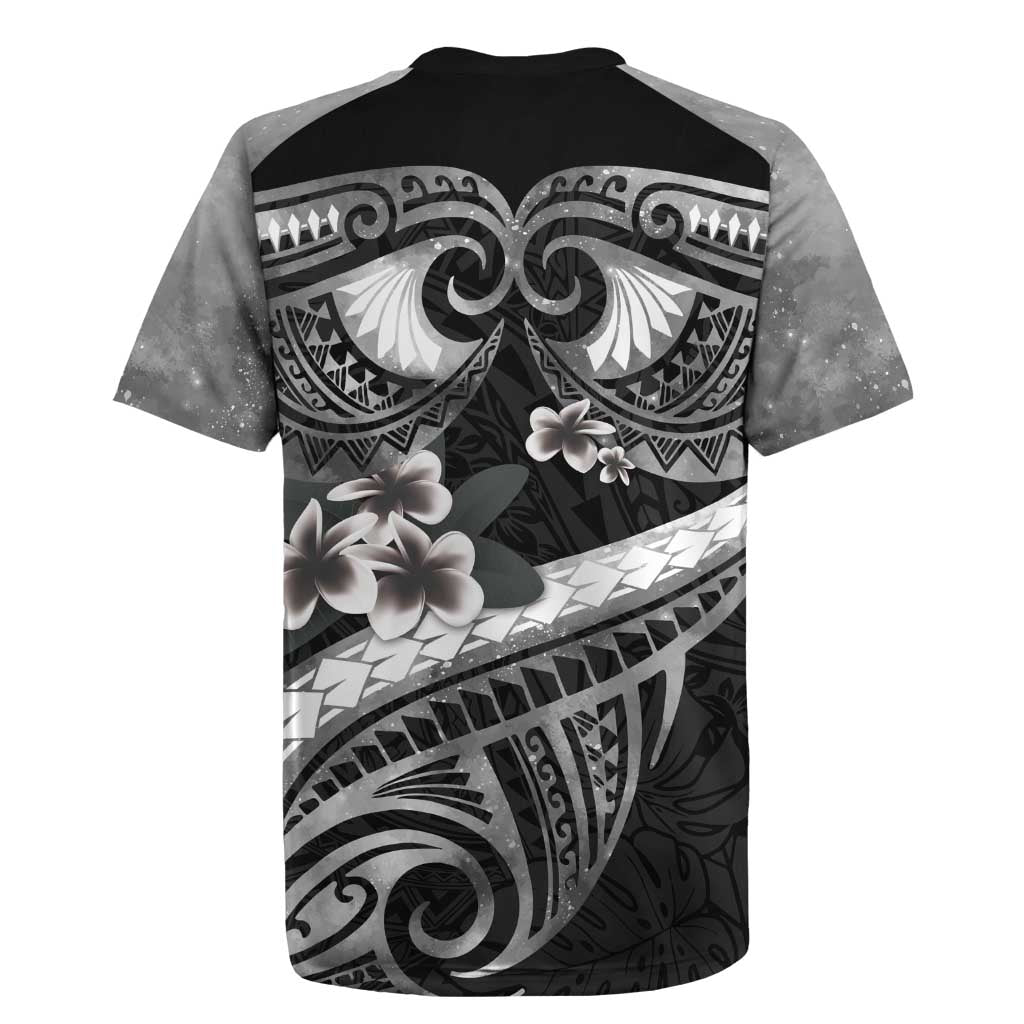 Black Polynesia Rugby Jersey Tribal Pattern Tropical Frangipani