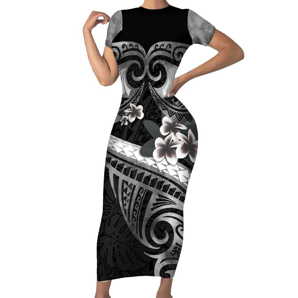Black Polynesia Short Sleeve Bodycon Dress Tribal Pattern Tropical Frangipani
