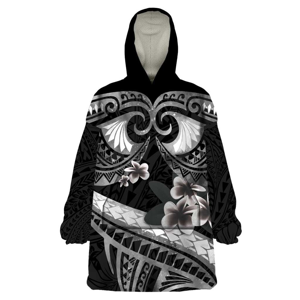 Black Polynesia Wearable Blanket Hoodie Tribal Pattern Tropical Frangipani LT14 One Size Black - Polynesian Pride