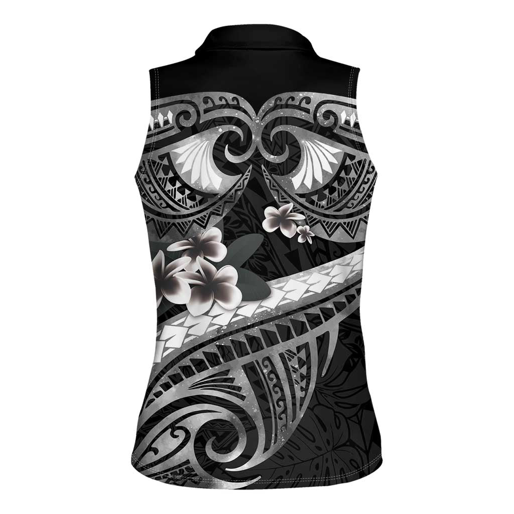 Black Polynesia Women Sleeveless Polo Shirt Tribal Pattern Tropical Frangipani