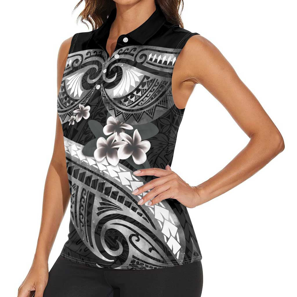 Black Polynesia Women Sleeveless Polo Shirt Tribal Pattern Tropical Frangipani