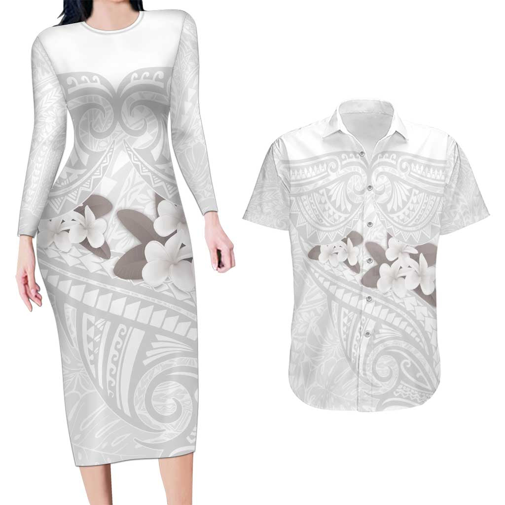 White Polynesia Couples Matching Long Sleeve Bodycon Dress and Hawaiian Shirt Tribal Pattern Tropical Frangipani LT14 White - Polynesian Pride