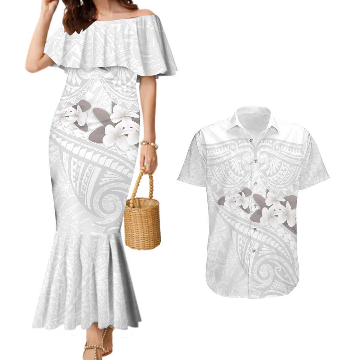 White Polynesia Couples Matching Mermaid Dress and Hawaiian Shirt Tribal Pattern Tropical Frangipani LT14 White - Polynesian Pride